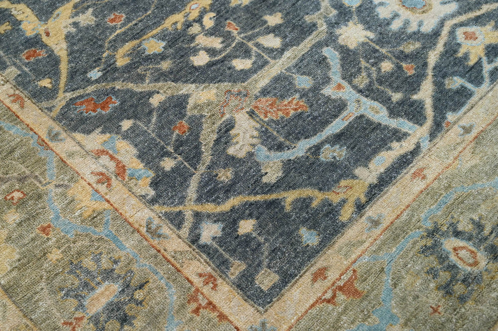 Multi Size Blue Moss Ivory Color Hand Knotted Oushak Wool Traditional Oriental Rug