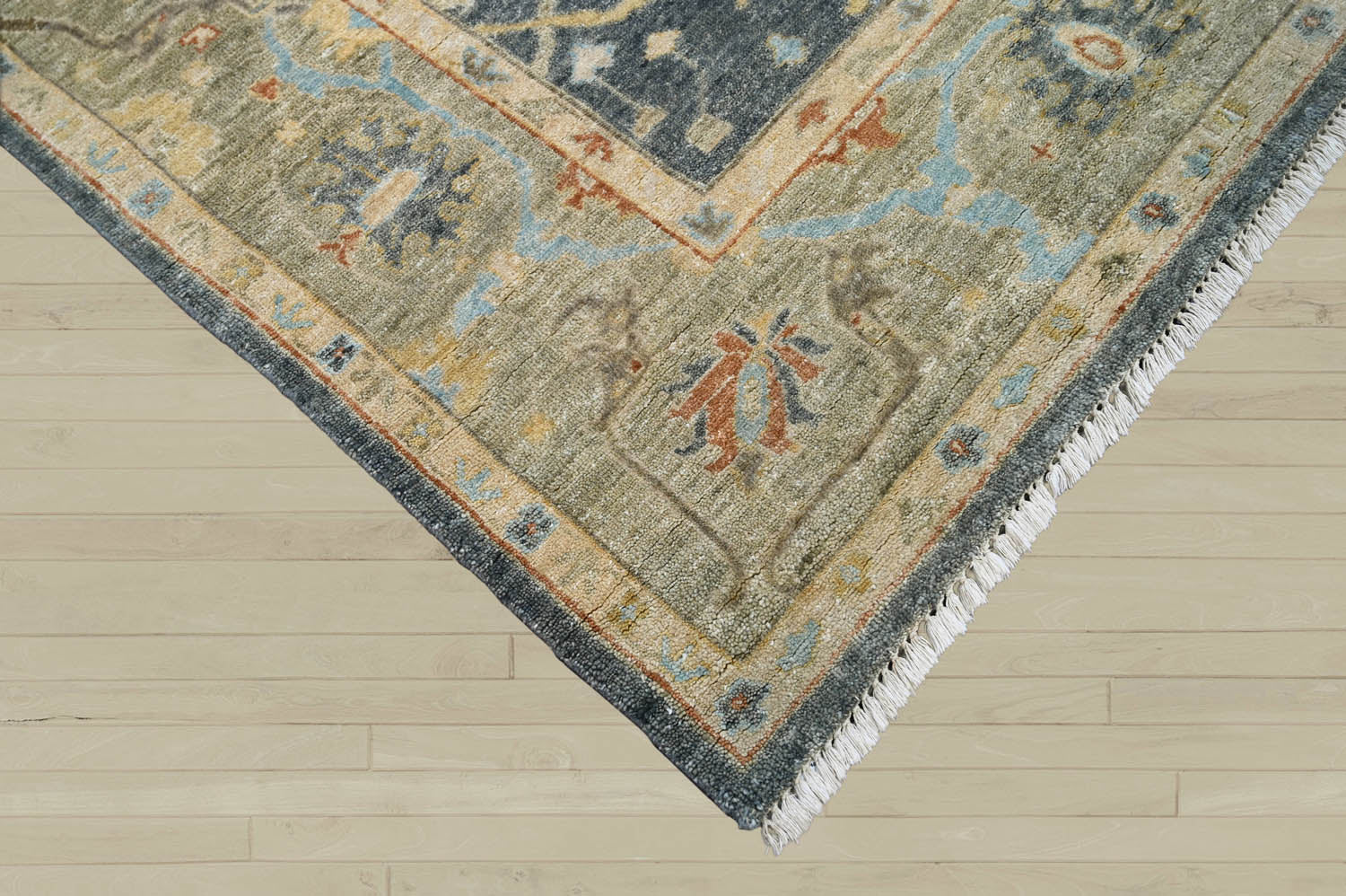 Multi Size Blue Moss Ivory Color Hand Knotted Oushak Wool Traditional Oriental Rug