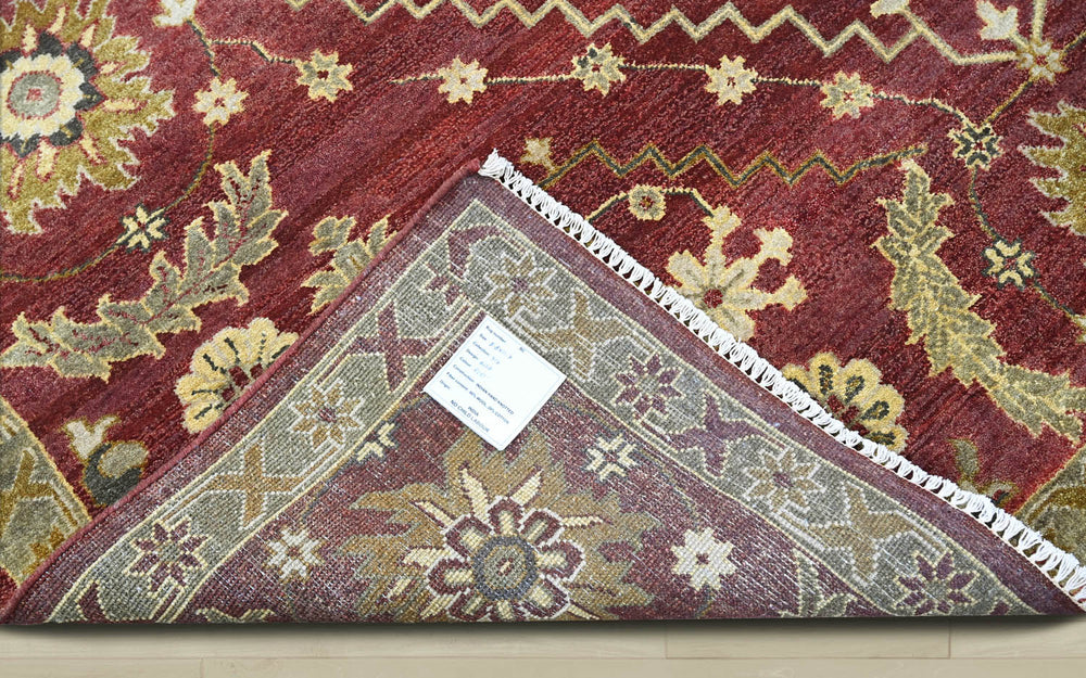 9x12 Raspberrry, Sage, Gold Color Hand Knotted Oushak Wool Traditional Oriental Rug