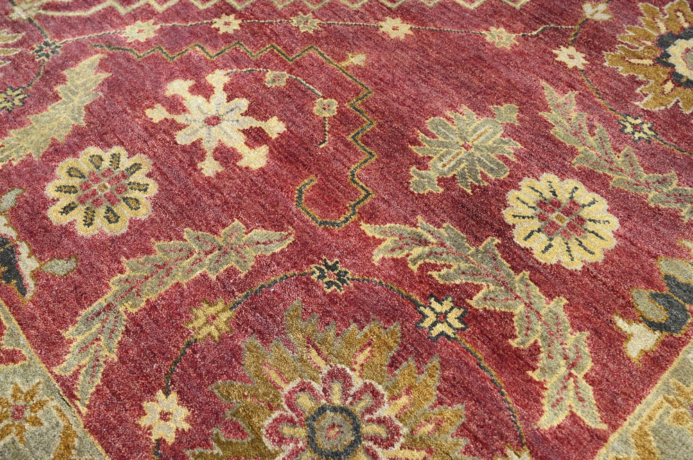 9x12 Raspberrry, Sage, Gold Color Hand Knotted Oushak Wool Traditional Oriental Rug