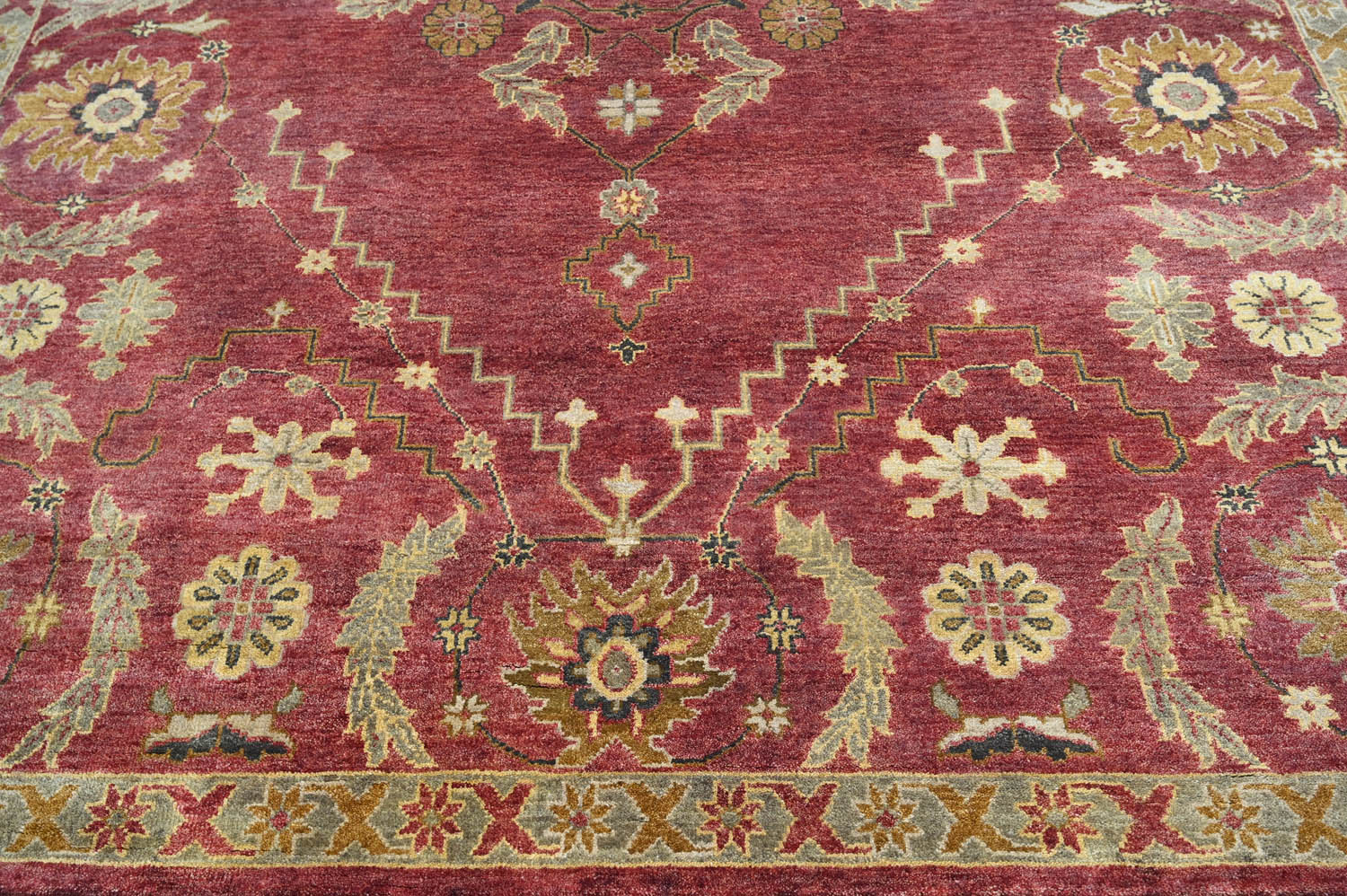 9x12 Raspberrry, Sage, Gold Color Hand Knotted Oushak Wool Traditional Oriental Rug