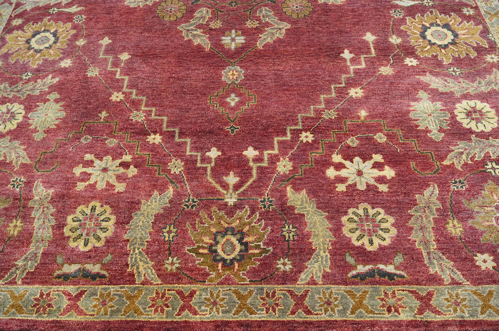 9x12 Raspberrry, Sage, Gold Color Hand Knotted Oushak Wool Traditional Oriental Rug