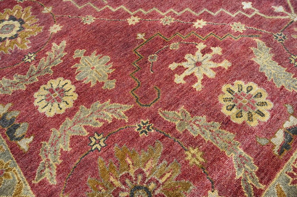 9x12 Raspberrry, Sage, Gold Color Hand Knotted Oushak Wool Traditional Oriental Rug