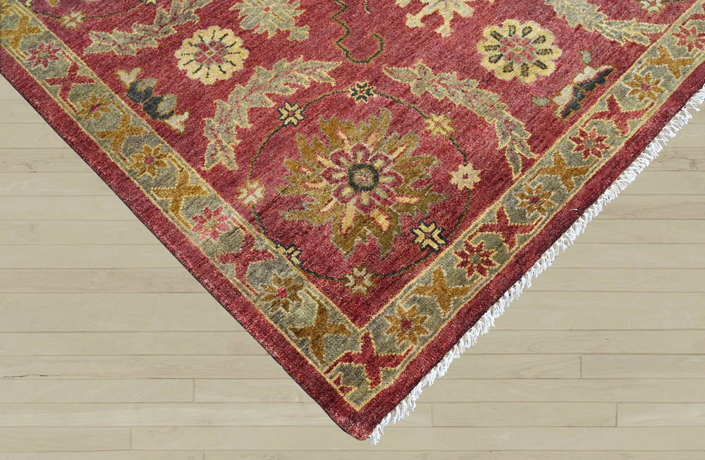9x12 Raspberrry, Sage, Gold Color Hand Knotted Oushak Wool Traditional Oriental Rug