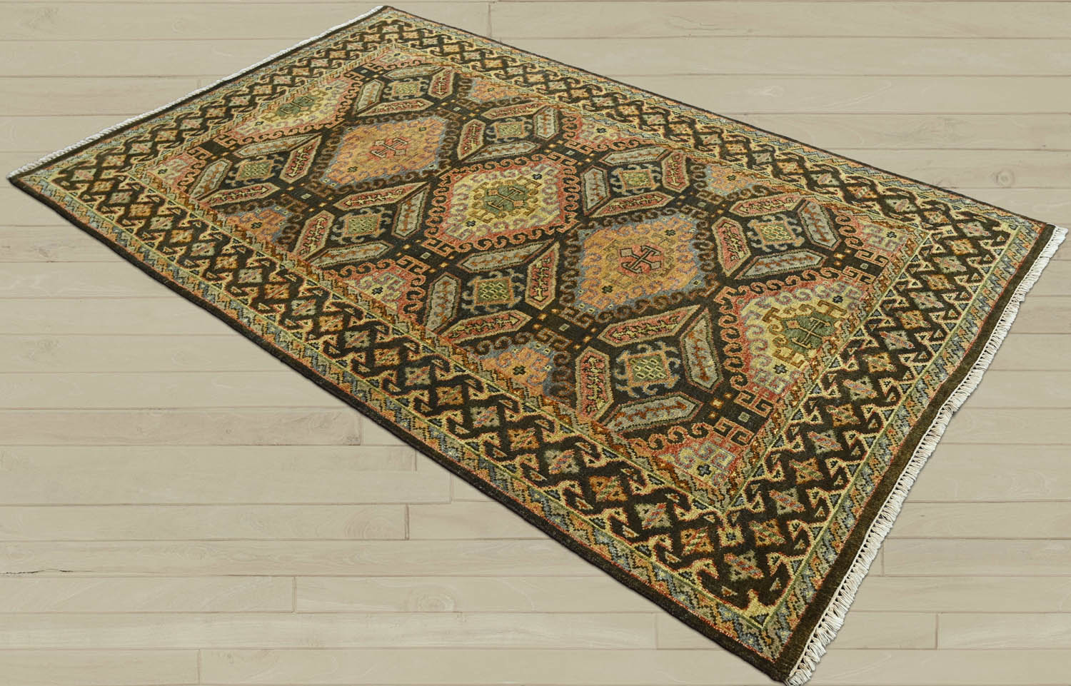 6x9 Gold, Forest Green, Peach Color Hand Knotted  Wool Transitional Oriental Rug