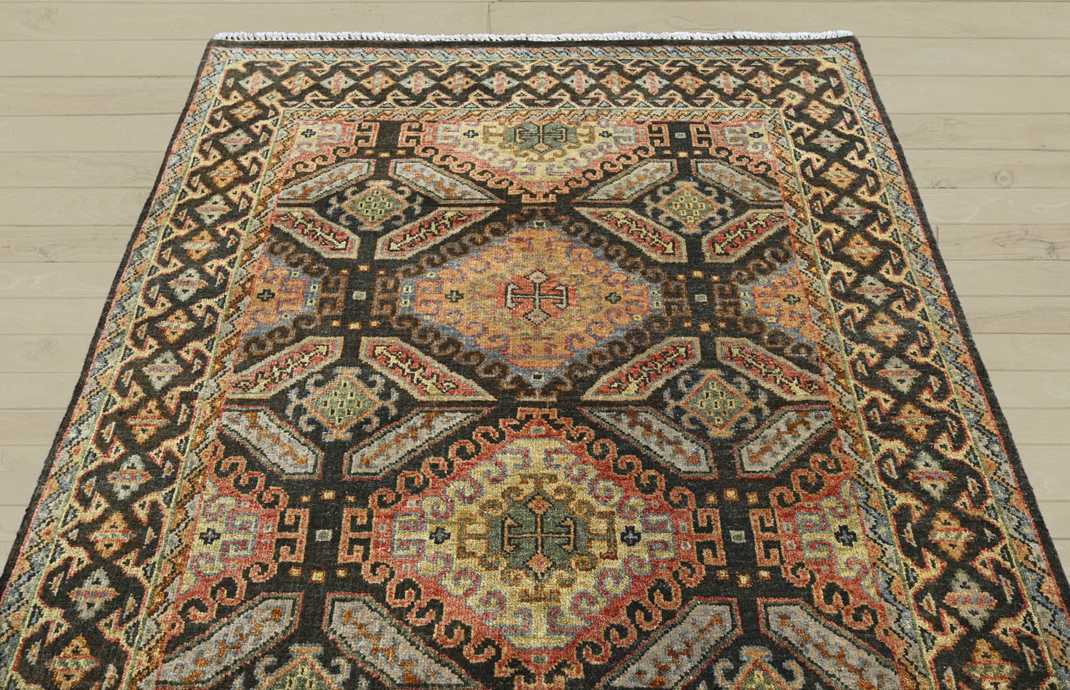 6x9 Gold, Forest Green, Peach Color Hand Knotted  Wool Transitional Oriental Rug