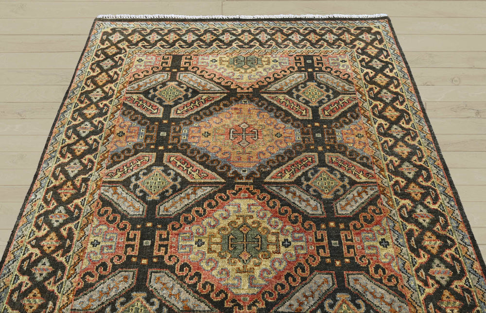 6x9 Gold, Forest Green, Peach Color Hand Knotted  Wool Transitional Oriental Rug