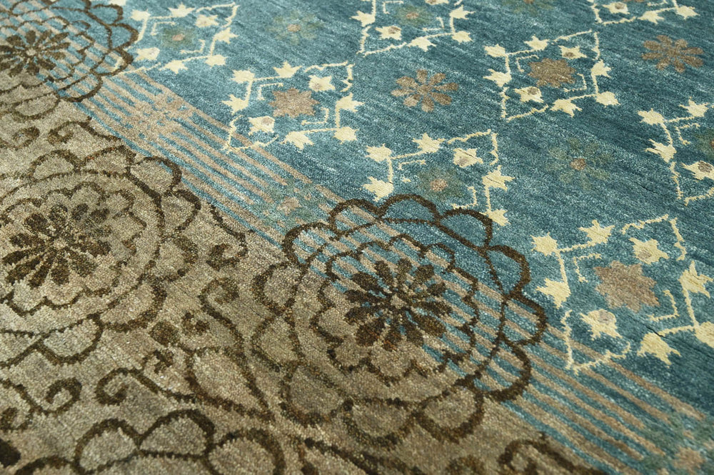4x6 Teal, Tan, Ivory Color Hand Knotted  Wool Transitional Oriental Rug
