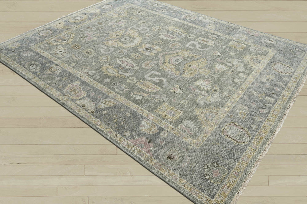Multi Size Moss Slate Light Gold Color Hand Knotted Oushak Wool Traditional Oriental Rug
