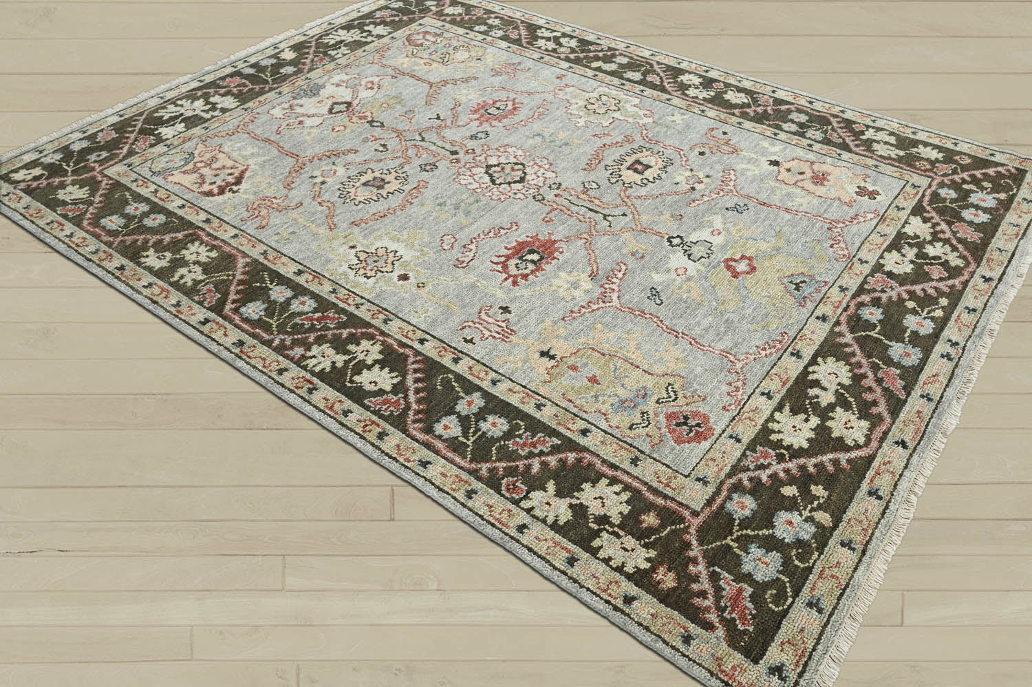 Multi Size Moss Graphite Peach Color Hand Knotted Oushak Wool Traditional Oriental Rug