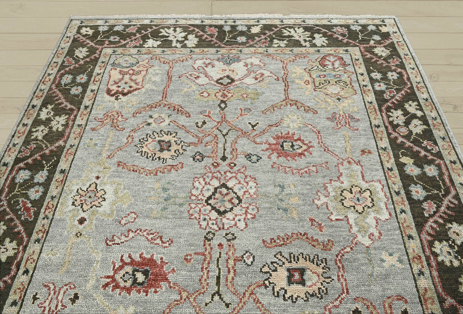 Multi Size Moss Graphite Peach Color Hand Knotted Oushak Wool Traditional Oriental Rug