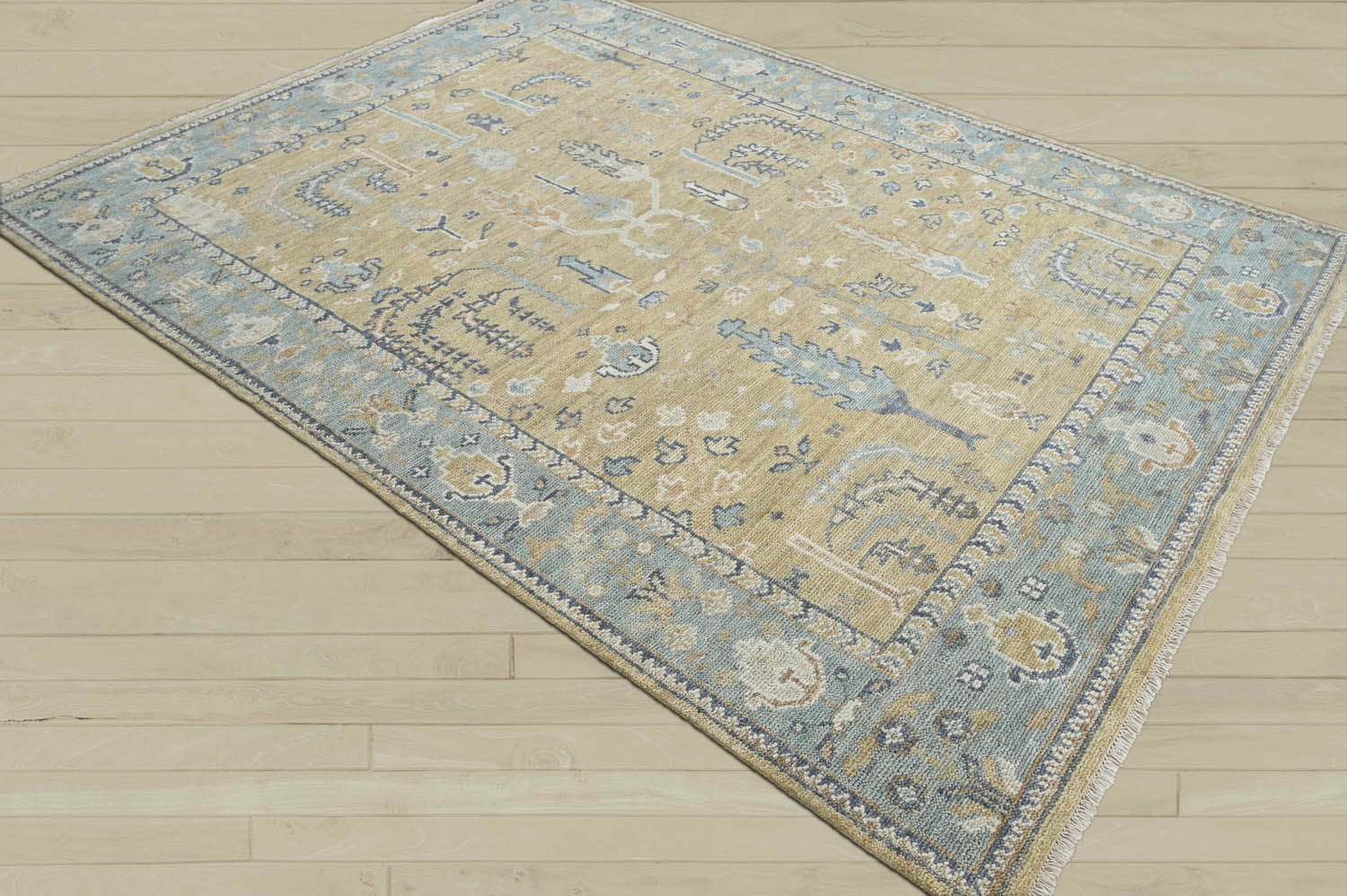Multi Size Warm Beige Aqua Ivory Color Hand Knotted Oushak Wool Traditional Oriental Rug
