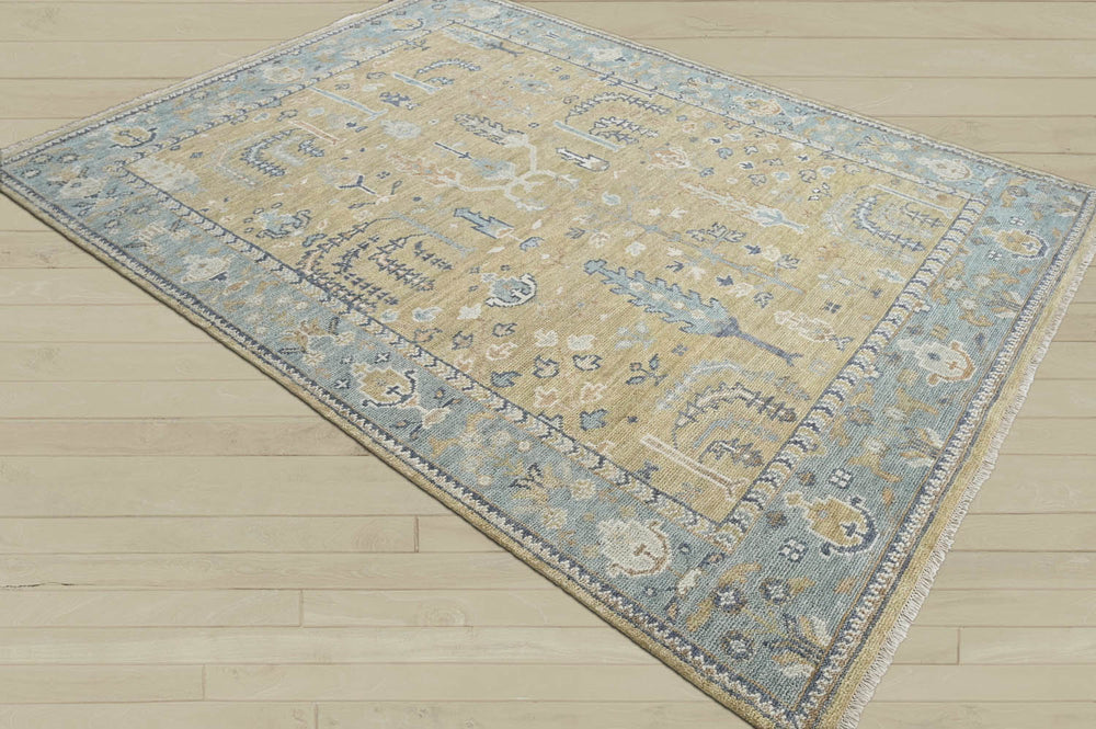 Multi Size Warm Beige Aqua Ivory Color Hand Knotted Oushak Wool Traditional Oriental Rug