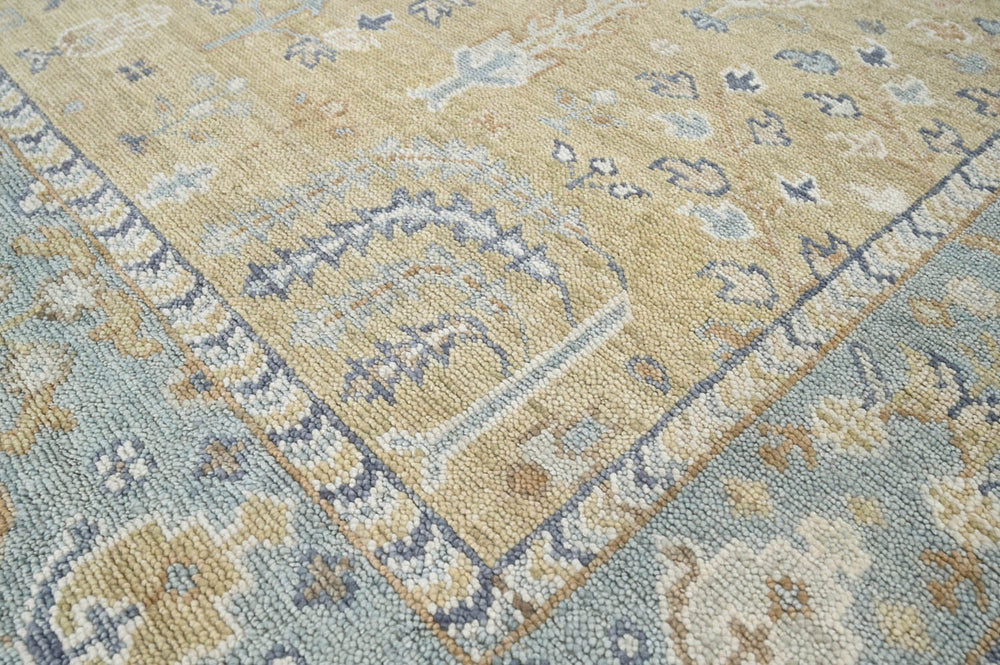 Multi Size Warm Beige Aqua Ivory Color Hand Knotted Oushak Wool Traditional Oriental Rug