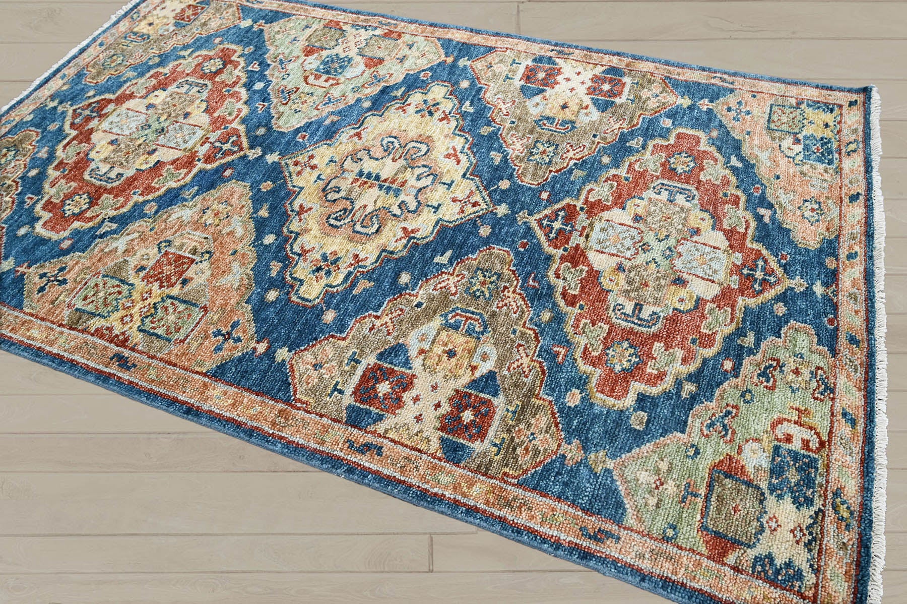 Multi Size Blue Rust Beige Color Hand Knotted Oushak Wool  Oriental Rug