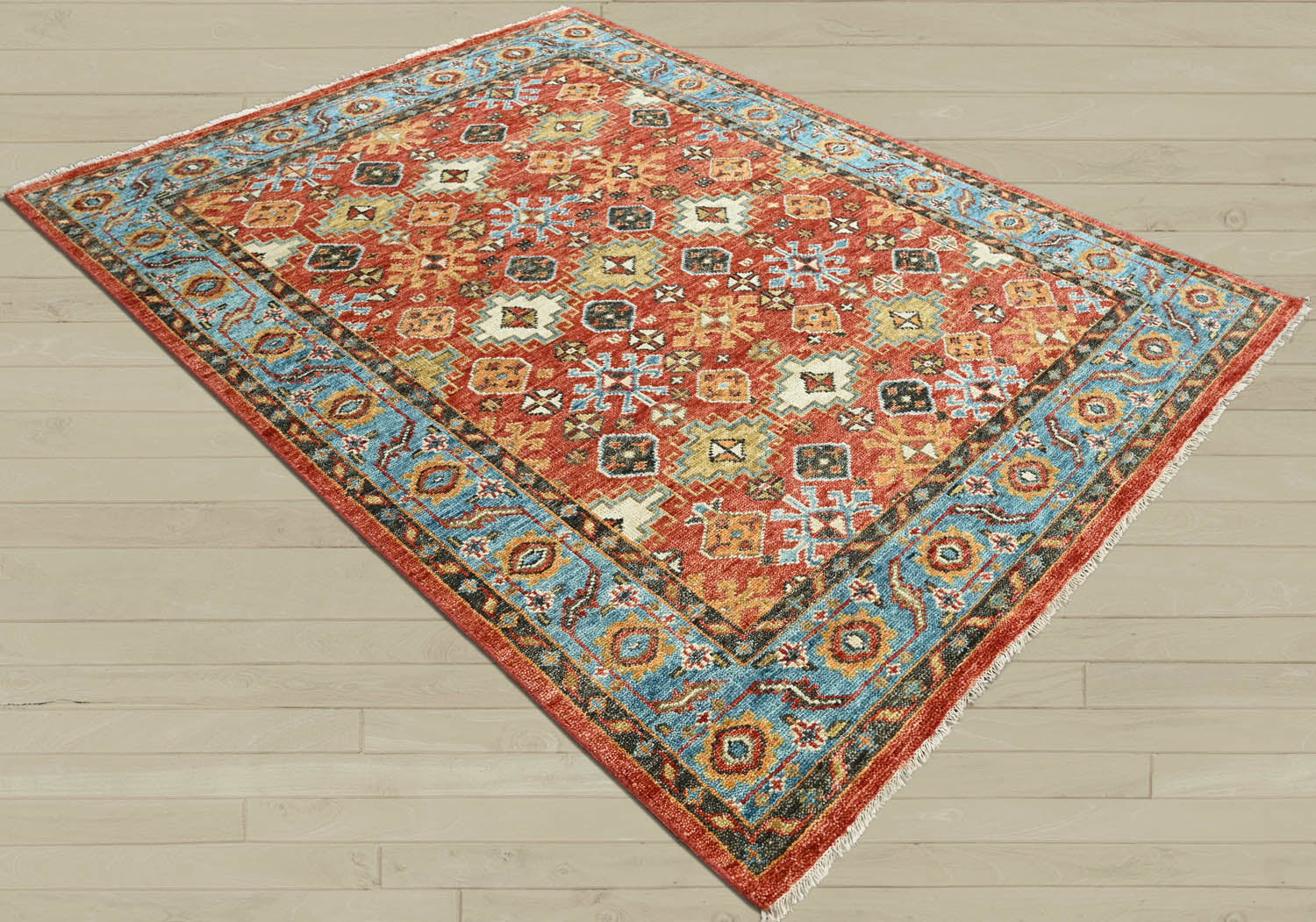 Multi Size Coral Blue Ivory Color Hand Knotted Oushak Wool  Oriental Rug