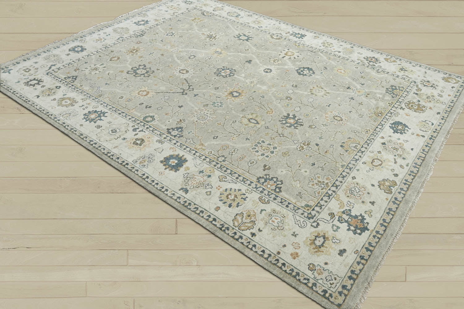 2x3 Gray, Beige, Blue Color Hand Knotted Oushak Wool Traditional Oriental Rug