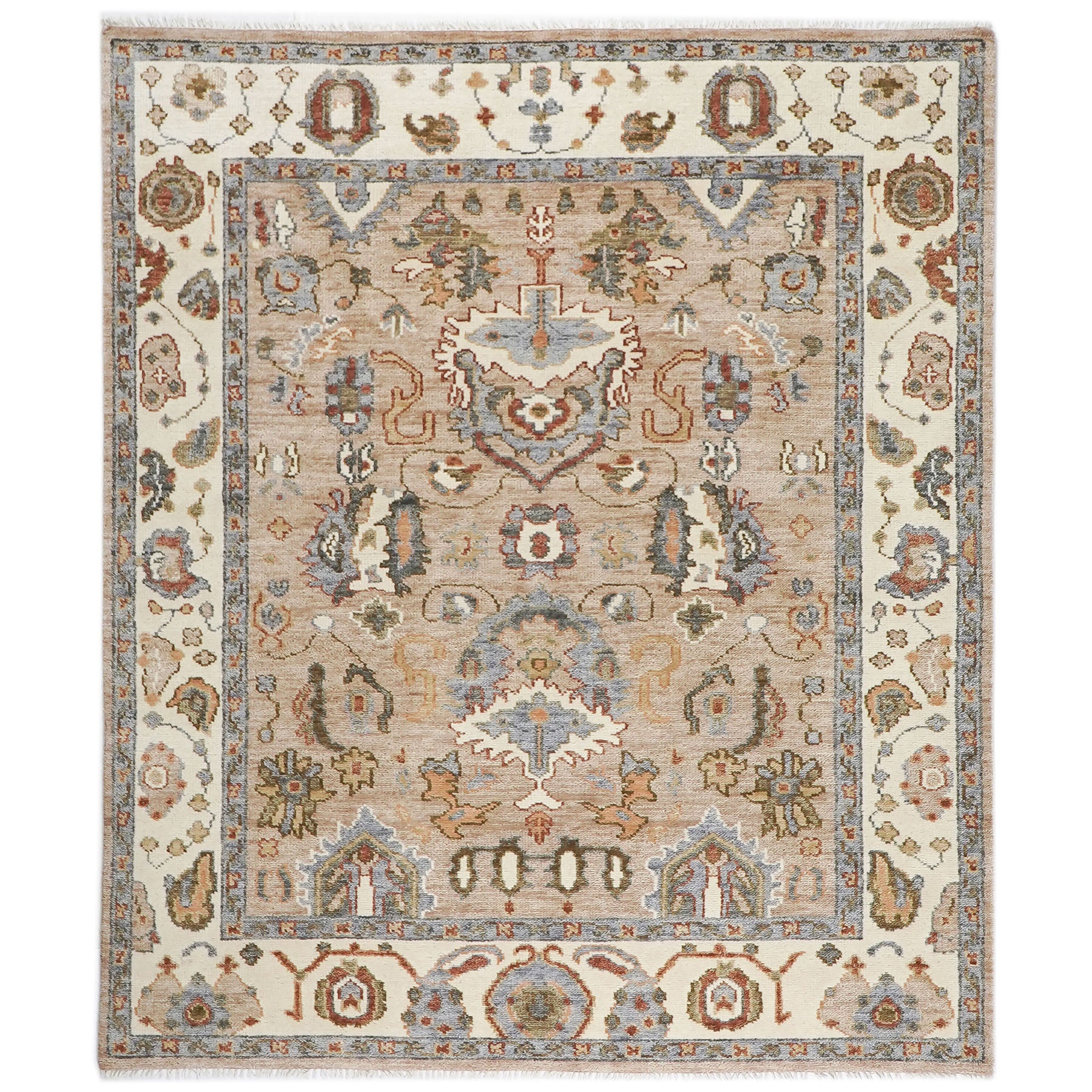 8x10 Mocha, Ivory, Gray Color Hand Knotted Oushak Wool  Oriental Rug