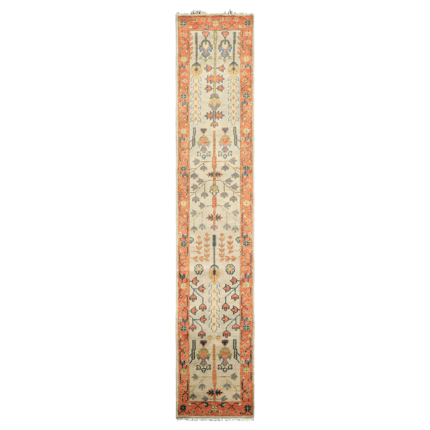 2'6x12 Beige, Burnt Orange, Lime Color Hand Knotted Oushak Wool Traditional Oriental Rug