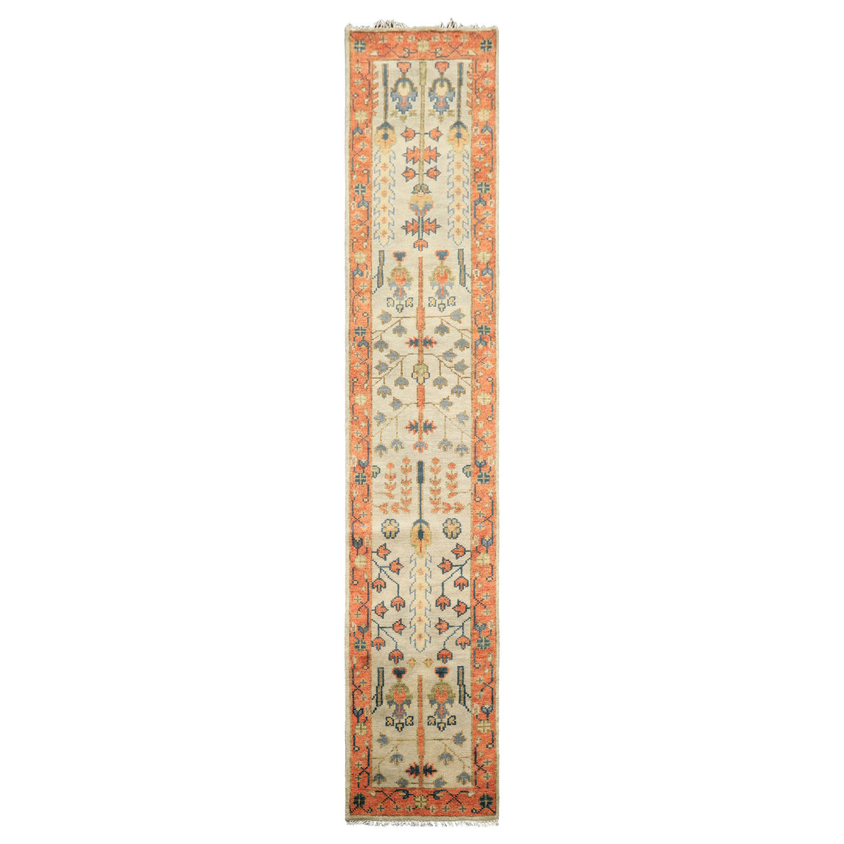 2'6x12 Beige, Burnt Orange, Lime Color Hand Knotted Oushak Wool Traditional Oriental Rug