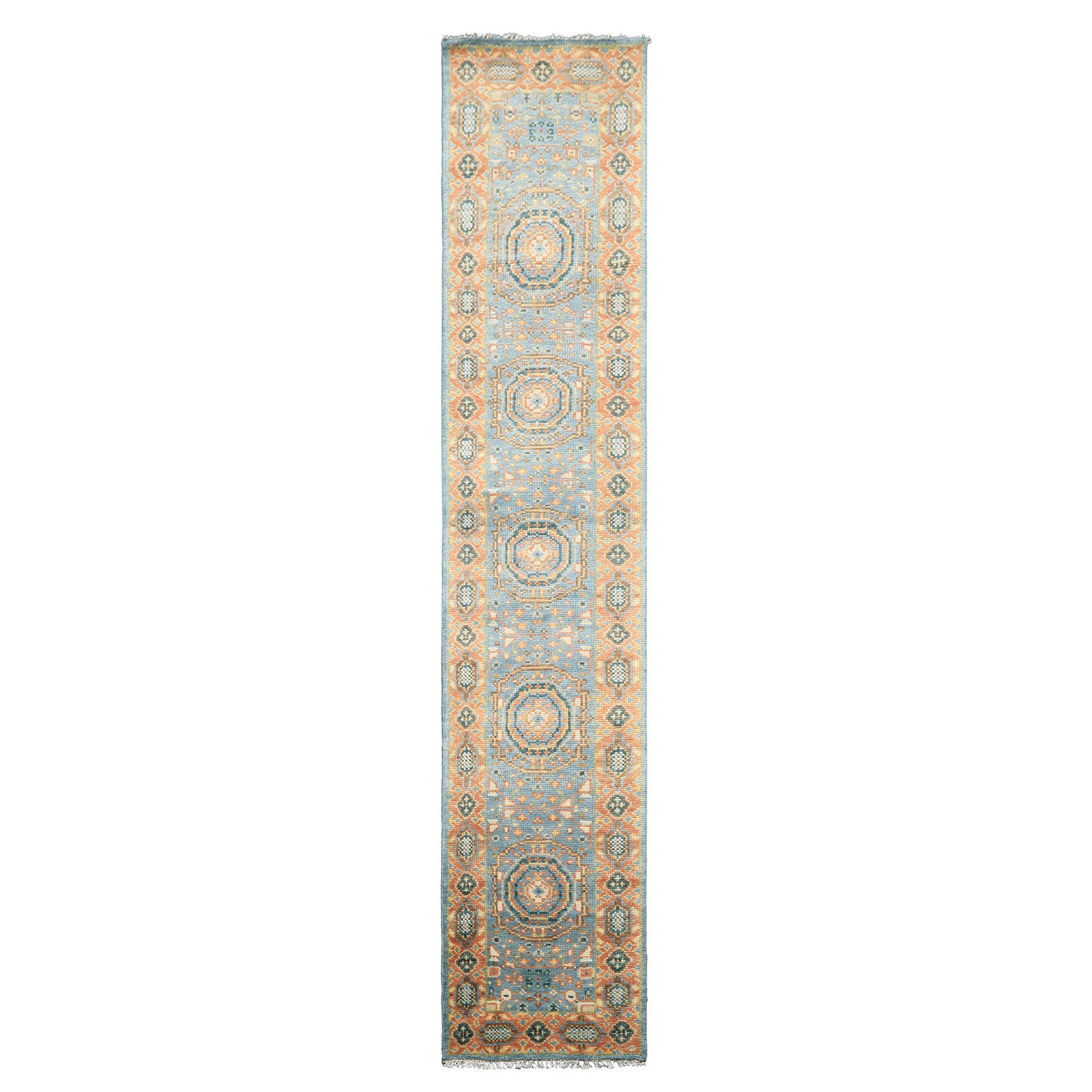 2'6x12 Aqua, Burnt Orange, Lime Color Hand Knotted Oushak Wool Traditional Oriental Rug
