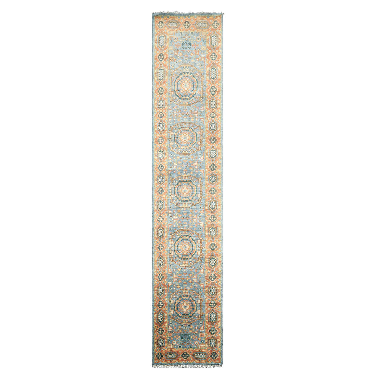 2'6x12 Aqua, Burnt Orange, Lime Color Hand Knotted Oushak Wool Traditional Oriental Rug