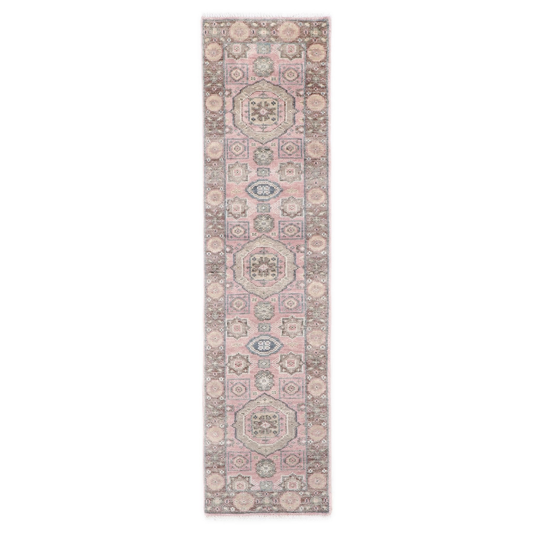 2'6x10 Blush, Gray, Ivory Color Hand Knotted Oushak Wool Transitional Oriental Rug