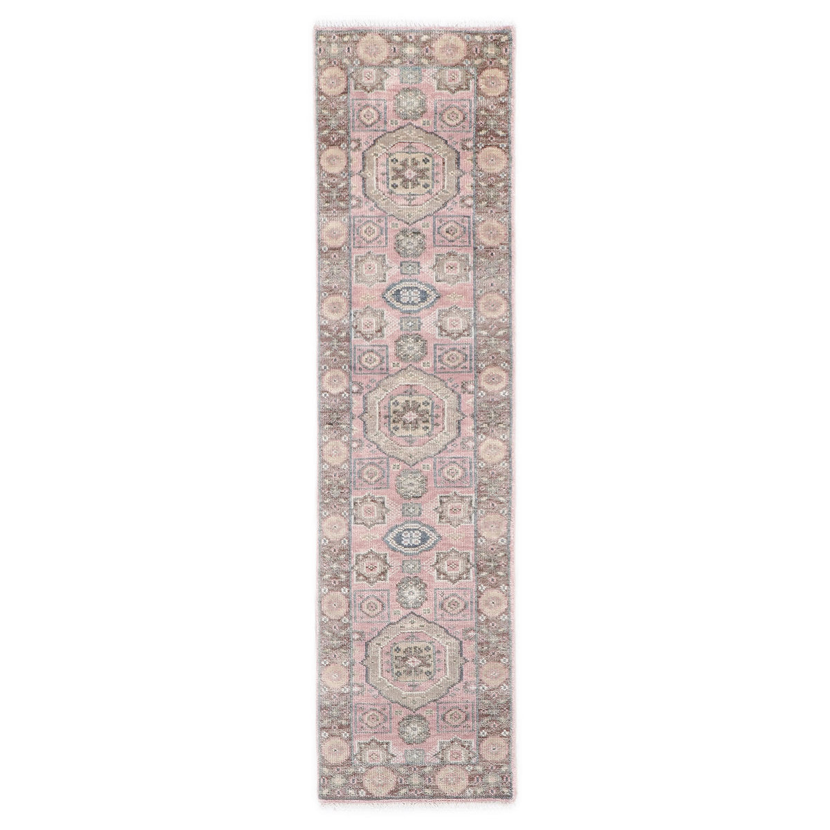 2'6x10 Blush, Gray, Ivory Color Hand Knotted Oushak Wool Transitional Oriental Rug