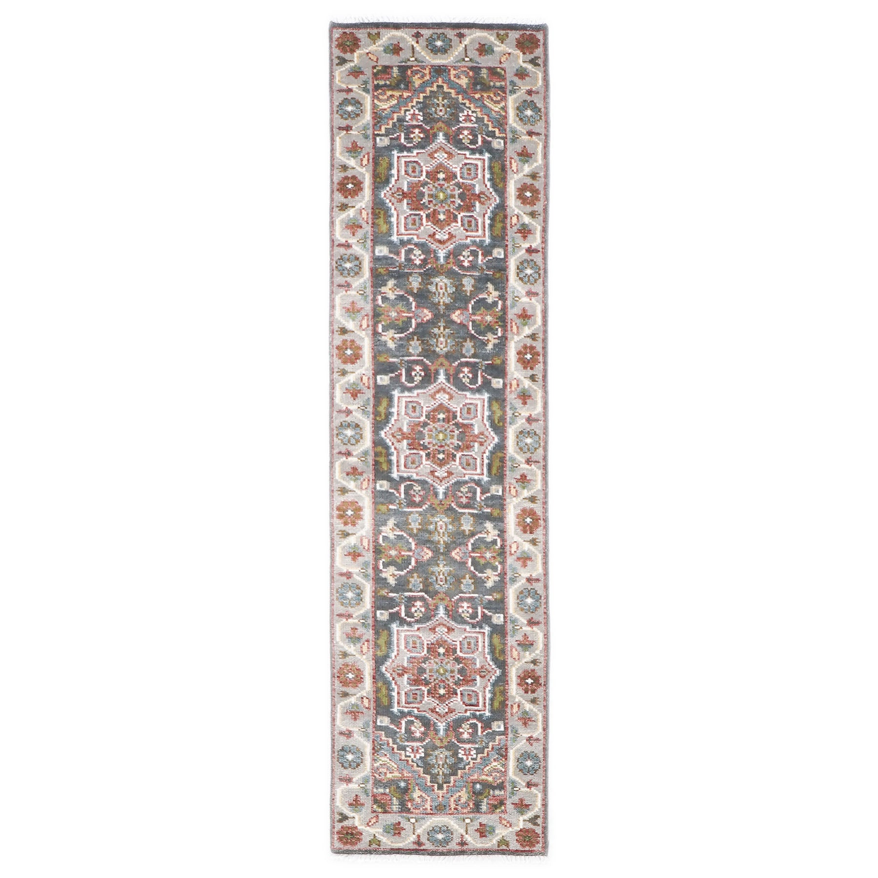 2'6x10 Gray, Slate, Ivory Color Hand Knotted Oushak Wool Transitional Oriental Rug
