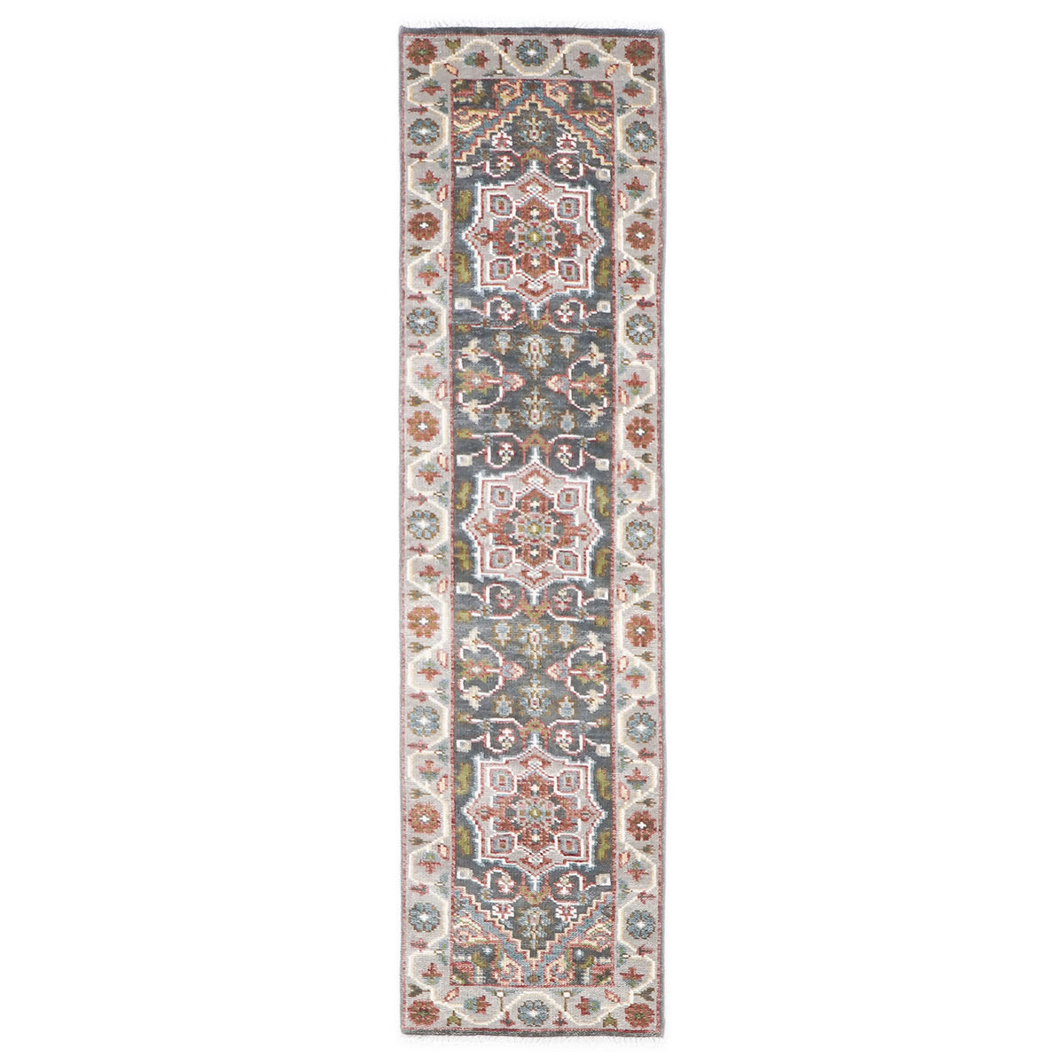 2'6x10 Gray, Slate, Ivory Color Hand Knotted Oushak Wool Transitional Oriental Rug