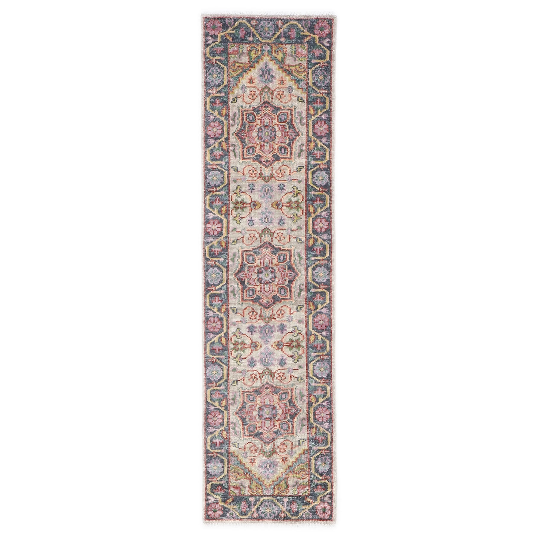 2'6x10 Beige, Slate, Gold Color Hand Knotted Oushak Wool Traditional Oriental Rug