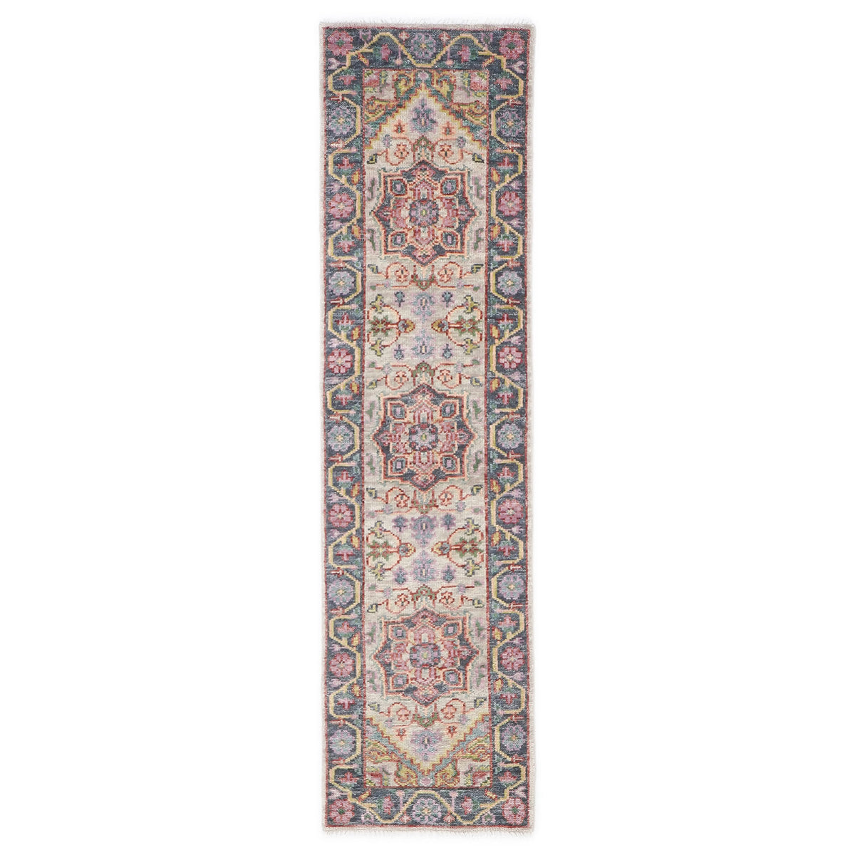 2'6x10 Beige, Slate, Gold Color Hand Knotted Oushak Wool Traditional Oriental Rug