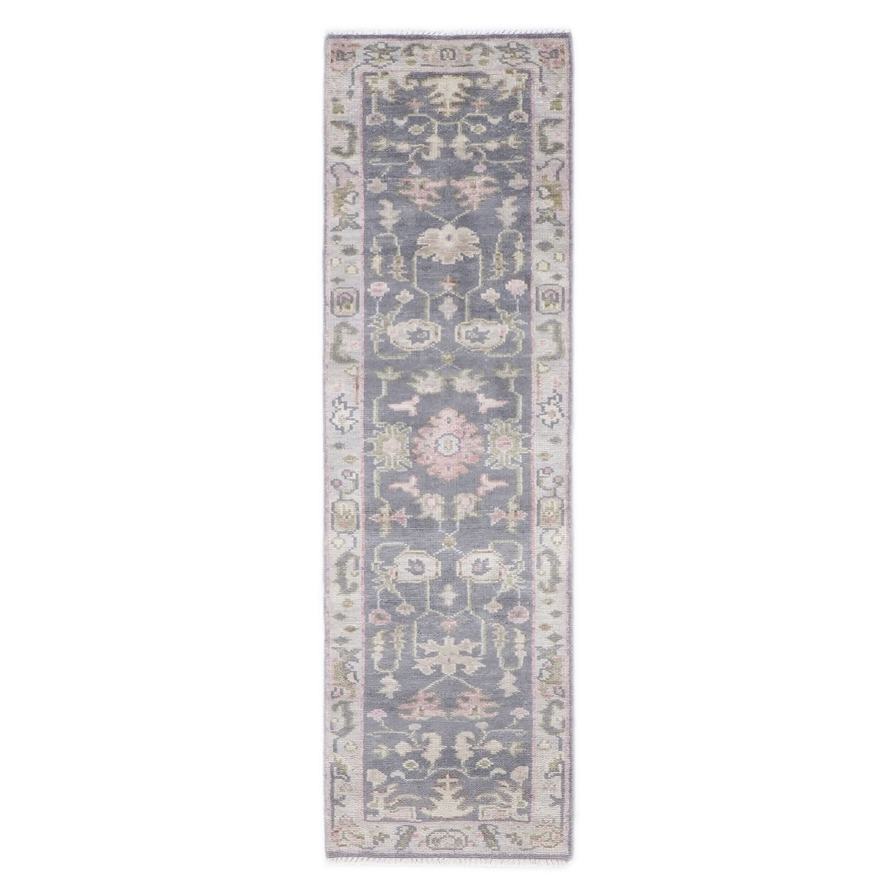 2'6x10 Slate, Gray, Sage Color Hand Knotted Oushak Wool Transitional Oriental Rug