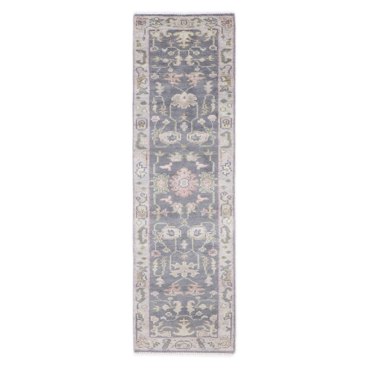2'6x10 Slate, Gray, Sage Color Hand Knotted Oushak Wool Transitional Oriental Rug