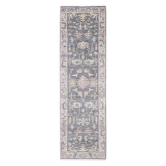 2'6x10 Slate, Gray, Sage Color Hand Knotted Oushak Wool Transitional Oriental Rug