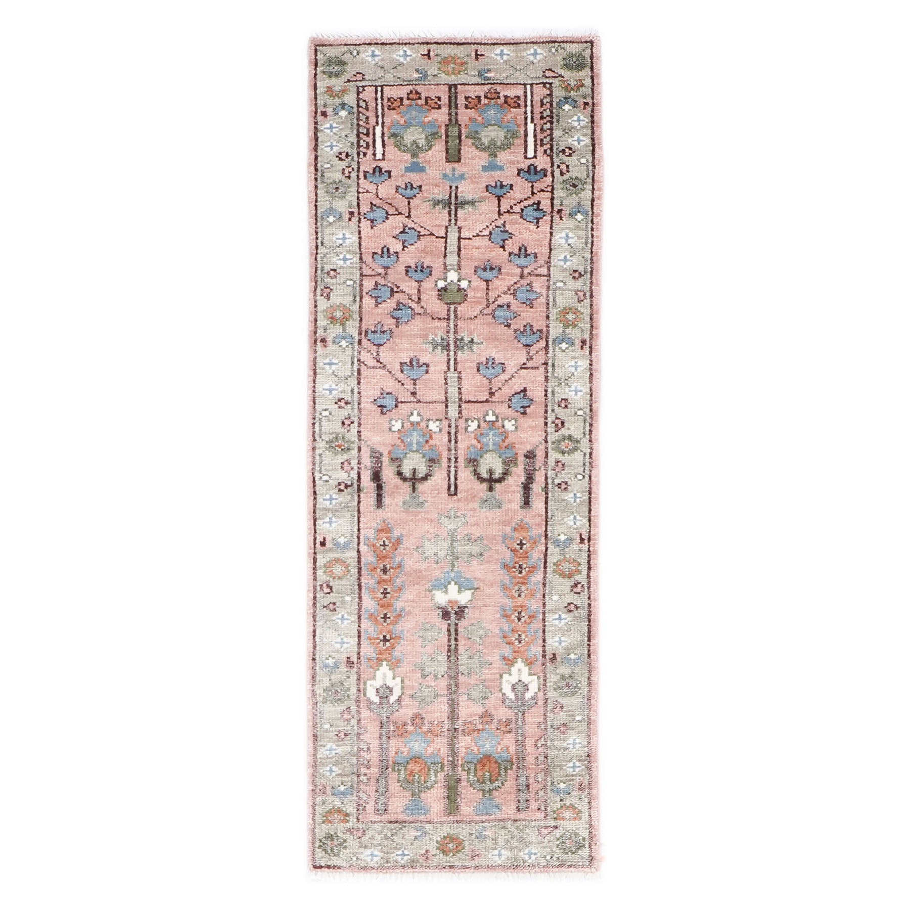 2'6x8 Blush, Gray, Blue Color Hand Knotted Oushak Wool Transitional Oriental Rug