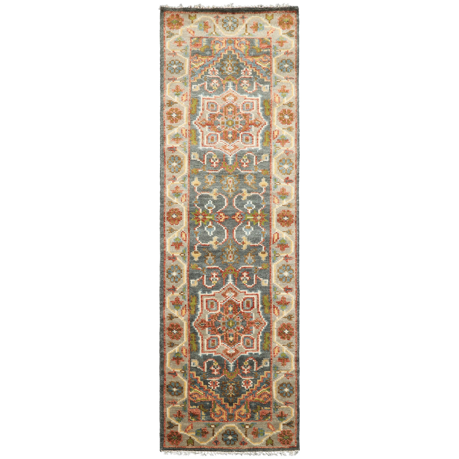 2'6x8 Teal, Gray, Rust Color Hand Knotted Oushak Wool Traditional Oriental Rug