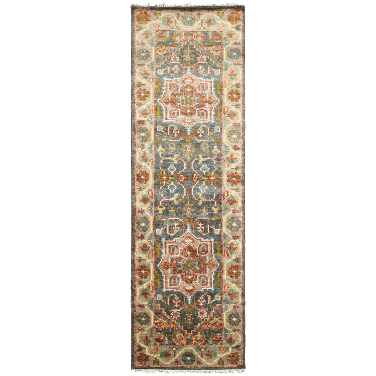 2'6x8 Teal, Gray, Rust Color Hand Knotted Oushak Wool Traditional Oriental Rug