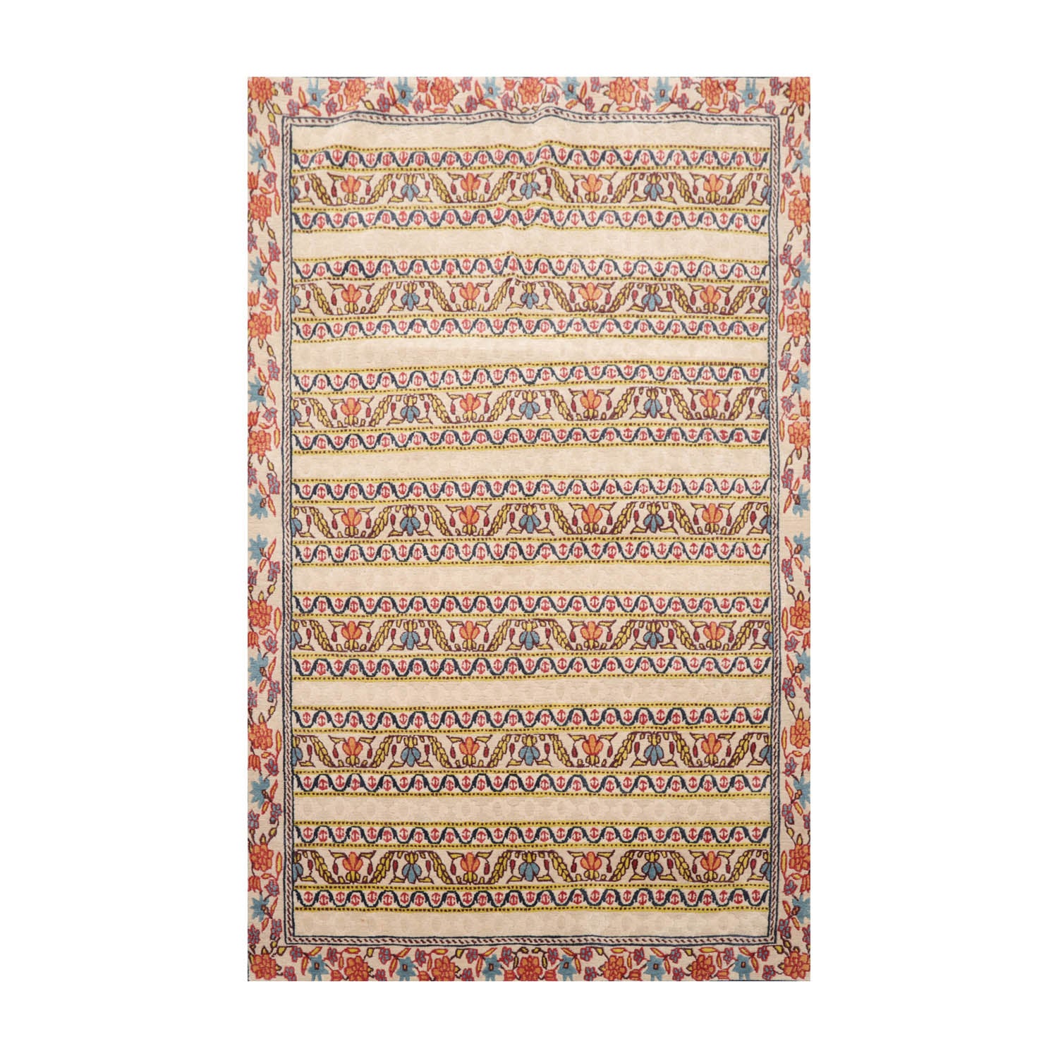 4x6 Beige, Blue, Mustard Color Hand Knotted  100% Wool Transitional Oriental Rug