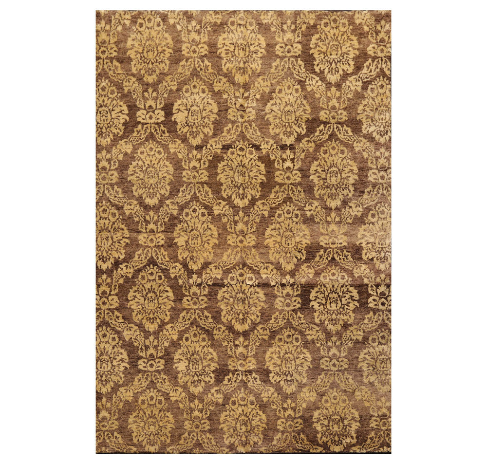 6x9 Brown, Light Gold, Color Hand Knotted  100% Wool Transitional Oriental Rug