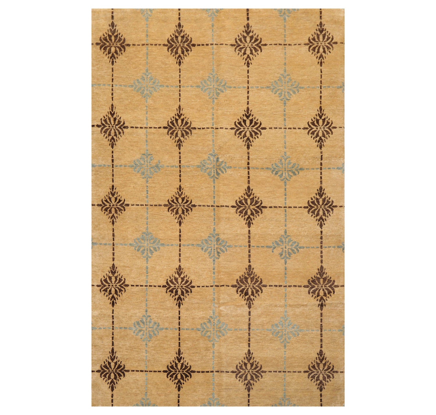6x9 Tan, Brown, Blue Color Hand Knotted Tibetan 100% Wool Transitional Oriental Rug