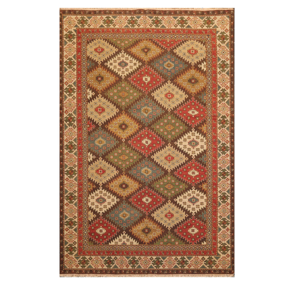 6x9 Beige, Rust, Sage Color Hand Knotted  100% Wool Traditional Oriental Rug