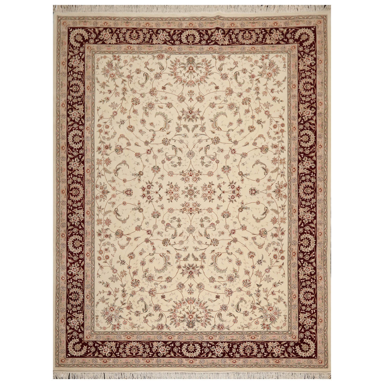 9x12 Cream, Maroon, Gray Color Hand Knotted Isfahan 100% Wool Traditional Oriental Rug