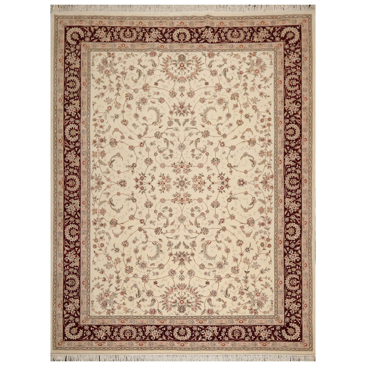 9x12 Cream, Maroon, Gray Color Hand Knotted Isfahan 100% Wool Traditional Oriental Rug