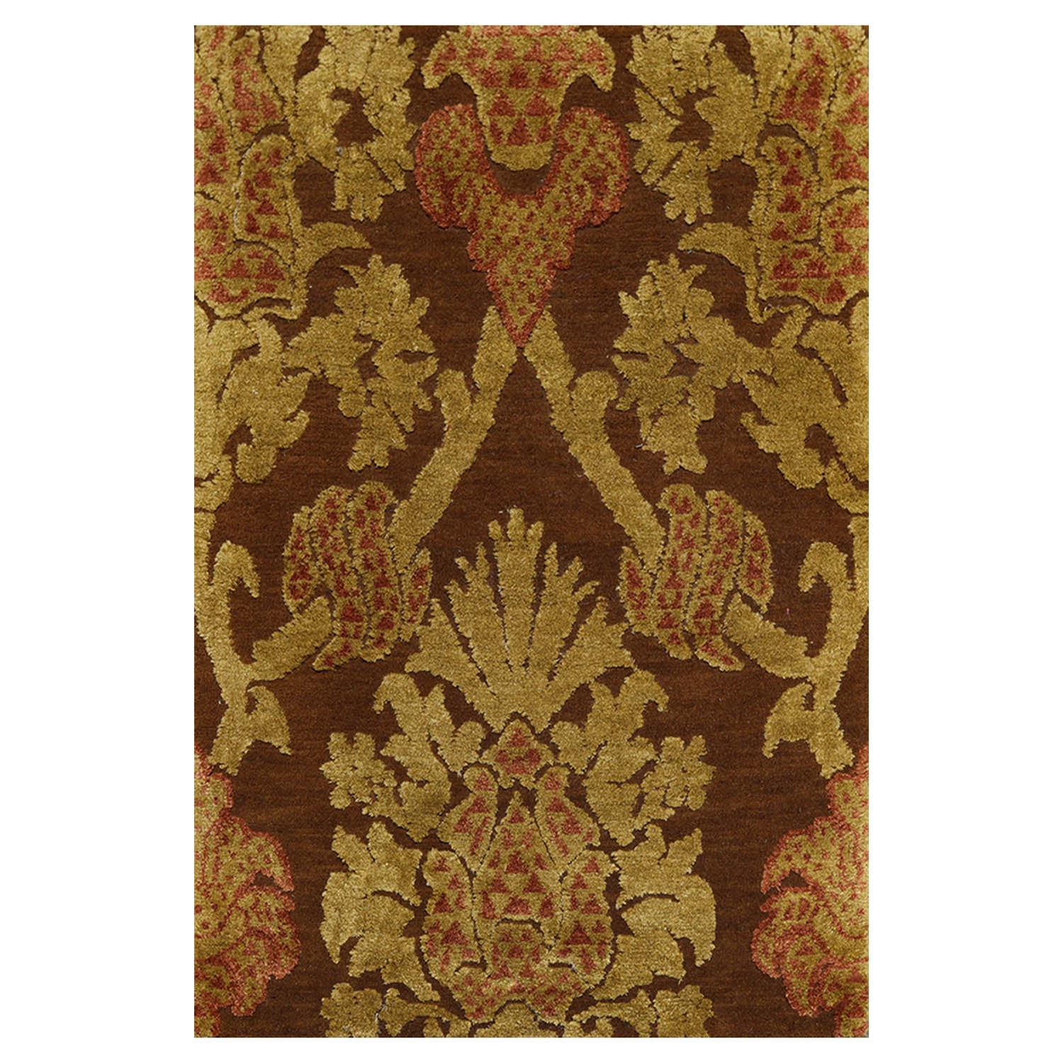 2x3 Brown, Mustard, Rust Color Hand Knotted  Wool & Silk Transitional Oriental Rug