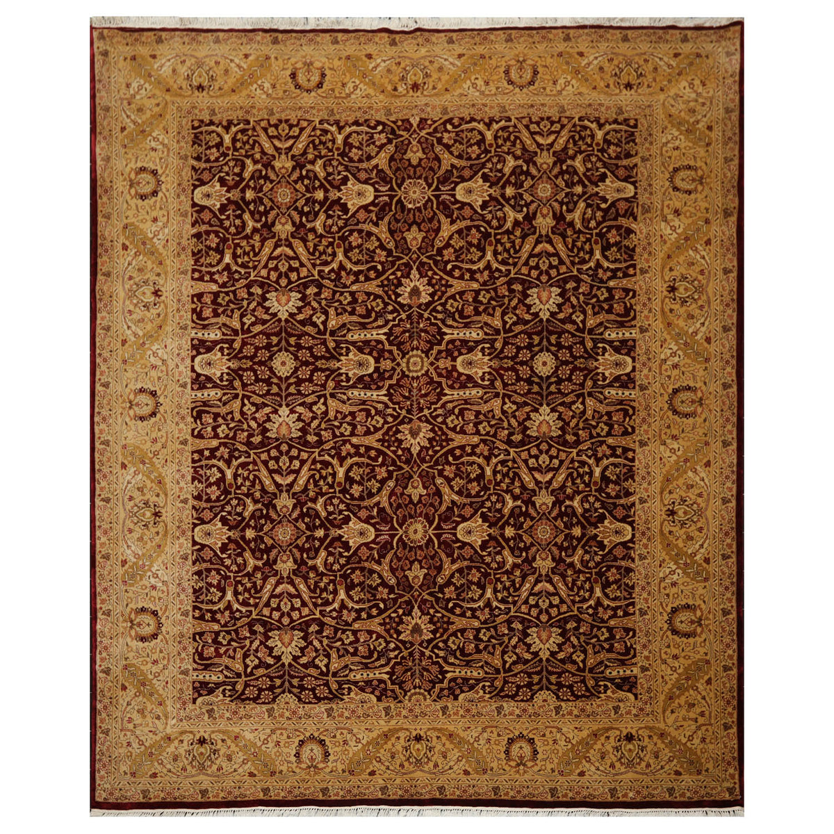 8x10 Burgundy, Light Gold, Brown Color Hand Knotted Pak Persian 100% Wool Traditional Oriental Rug