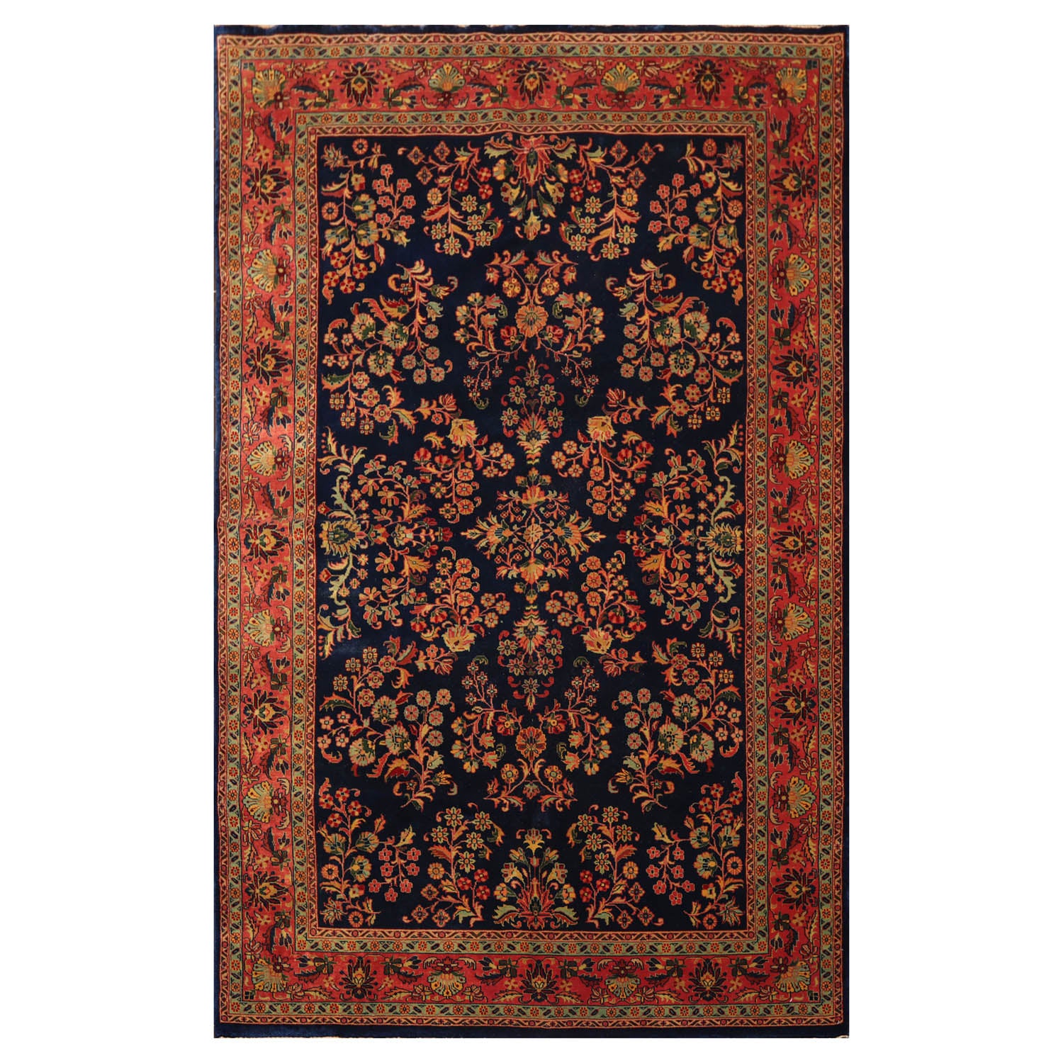 6x9 Navy, Antique Rose, Mint Color Hand Knotted Sarouk 100% Wool Traditional Oriental Rug
