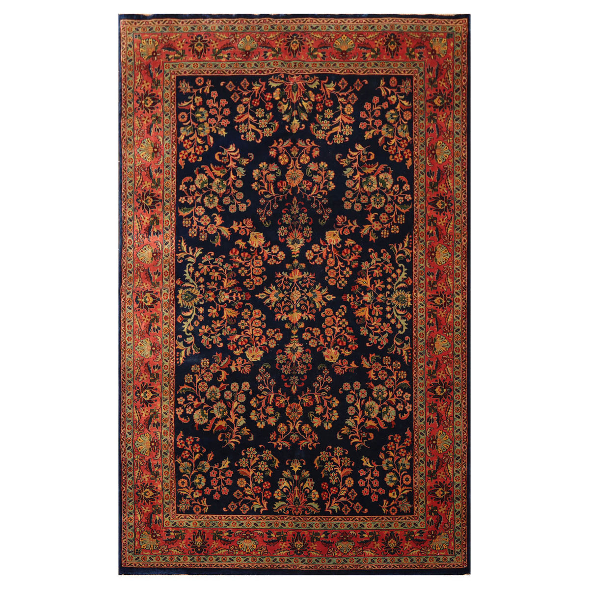 6x9 Navy, Antique Rose, Mint Color Hand Knotted Sarouk 100% Wool Traditional Oriental Rug