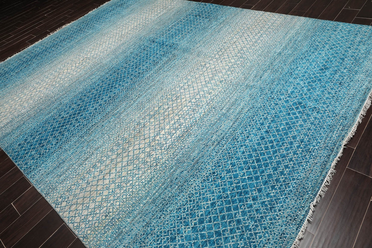 9x12 Aqua, Beige, Gray Color Hand Knotted  100% Wool Modern Oriental Rug