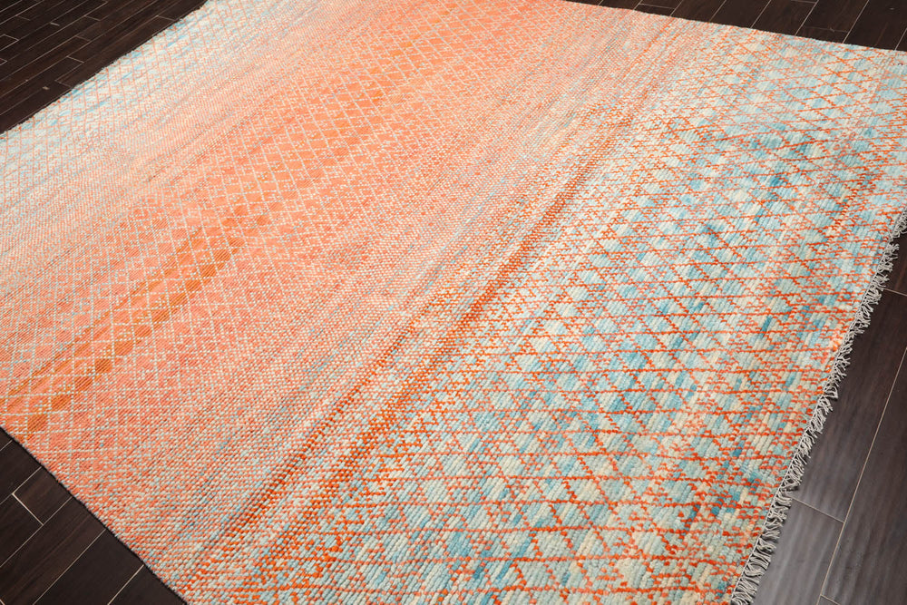 8x10 Orange, Blue, Beige Color Hand Knotted  100% Wool Modern Oriental Rug